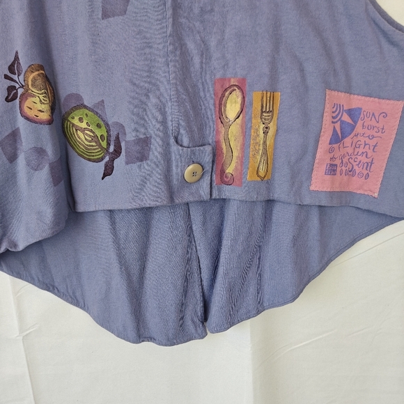 VTG Rare Blue Fish Gardening Fruits Spoon Fork V Neck Button Periwinkle Vest 1 - Picture 8 of 15